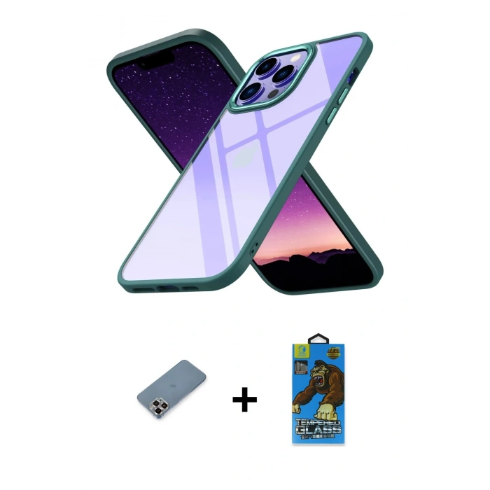MARSİLYAN™- iPhone 13 Pro Max Kılıf Nova Işık Serisi - Siyah 18D Cam Ekran Koruyucu + Metal Kamera Lens Koruma Cam - MR