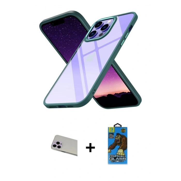 MARSİLYAN™- iPhone 13 Pro Max Kılıf Nova Işık Serisi - Siyah 18D Cam Ekran Koruyucu + Mor Rainbow Kamera Lens Koruma Cam