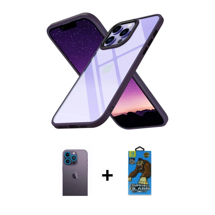 MARSİLYAN™- iPhone 13 Pro Max Kılıf Nova Işık Serisi - Siyah 18D Cam Ekran Koruyucu + Neon Fosforlu Kamera Lens - MI