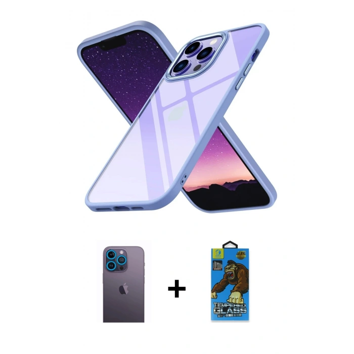 MARSİLYAN™- iPhone 13 Pro Max Kılıf Nova Işık Serisi - Siyah 18D Cam Ekran Koruyucu + Neon Fosforlu Kamera Lens - MI