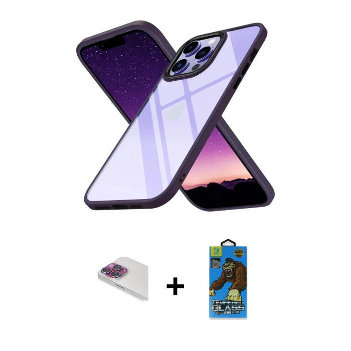 MARSİLYAN™- iPhone 13 Pro Max Kılıf Nova Işık Serisi - Siyah 18D Cam Ekran Koruyucu + Pers Alüminyum Kamera Lens - GI
