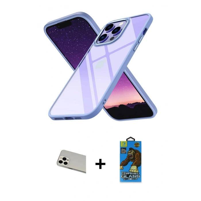 MARSİLYAN™- iPhone 13 Pro Max Kılıf Nova Işık Serisi - Siyah 18D Cam Ekran Koruyucu + Rainbow Kamera Lens Koruma Cam - BZ