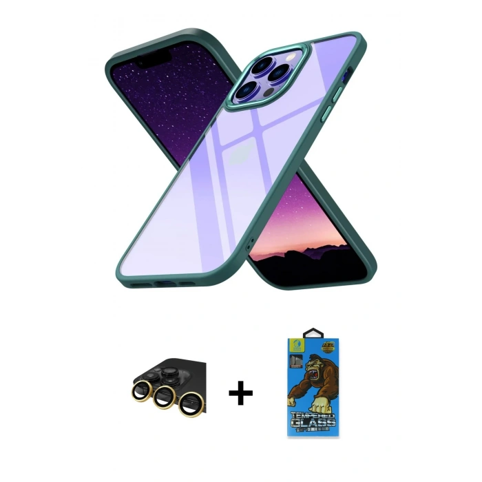 MARSİLYAN™- iPhone 13 Pro Max Kılıf Nova Işık Serisi - Siyah 18D Cam Ekran Koruyucu + Raze Metal Kamera Lens - GD