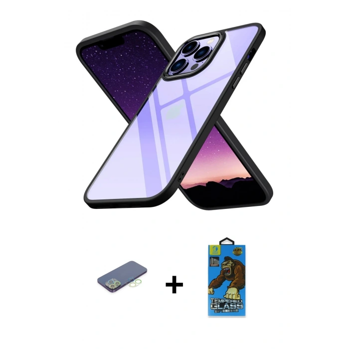 MARSİLYAN™- iPhone 13 Pro Max Kılıf Nova Işık Serisi - Siyah 18D Cam Ekran Koruyucu + Renkli Kamera Lens Koruma Cam - YL