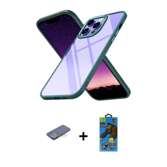 MARSİLYAN™- iPhone 13 Pro Max Kılıf Nova Işık Serisi - Siyah 18D Cam Ekran Koruyucu + Renkli Kamera Lens Koruma Cam - MI