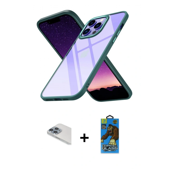 MARSİLYAN™- iPhone 13 Pro Max Kılıf Nova Işık Serisi - Siyah 18D Cam Ekran Koruyucu + Sierra Blue Pers Alüminyum Kamera Lens