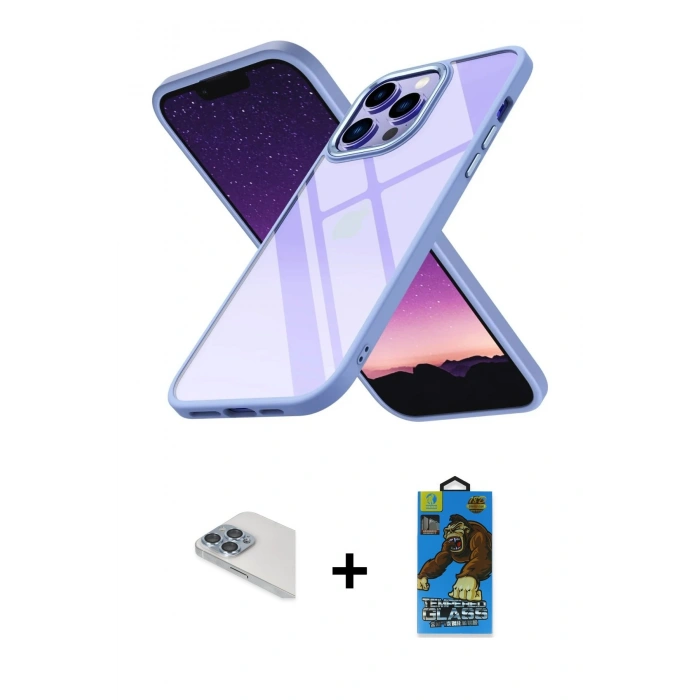 MARSİLYAN™- iPhone 13 Pro Max Kılıf Nova Işık Serisi - Siyah 18D Cam Ekran Koruyucu + Sierra Blue Pers Alüminyum Kamera Lens
