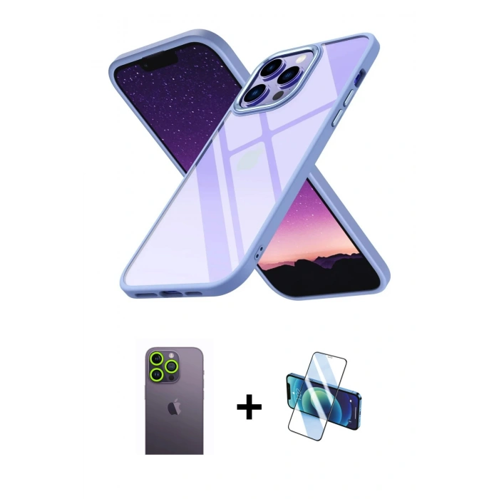 MARSİLYAN™- iPhone 13 Pro Max Kılıf Nova Işık Serisi - Siyah 3D Antistatik Cam Ekran Koruyucu + Neon Fosforlu Kamera Lens - YL