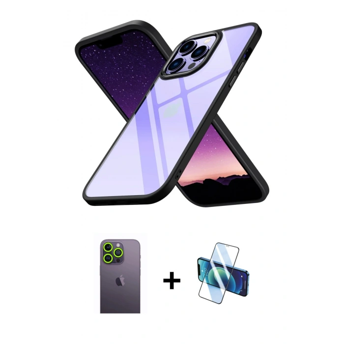 MARSİLYAN™- iPhone 13 Pro Max Kılıf Nova Işık Serisi - Siyah 3D Antistatik Cam Ekran Koruyucu + Neon Fosforlu Kamera Lens - YL