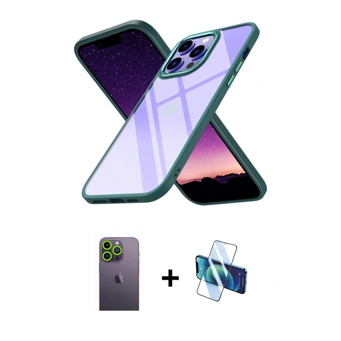 MARSİLYAN™- iPhone 13 Pro Max Kılıf Nova Işık Serisi - Siyah 3D Antistatik Cam Ekran Koruyucu + Neon Fosforlu Kamera Lens - YL