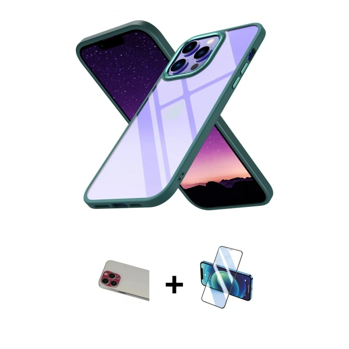 MARSİLYAN™- iPhone 13 Pro Max Kılıf Nova Işık Serisi - Siyah 3D Antistatik Cam Ekran Koruyucu + Rainbow Kamera Lens Koruma Cam - KI