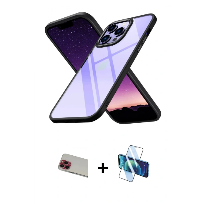 MARSİLYAN™- iPhone 13 Pro Max Kılıf Nova Işık Serisi - Siyah 3D Antistatik Cam Ekran Koruyucu + Rainbow Kamera Lens Koruma Cam - KI
