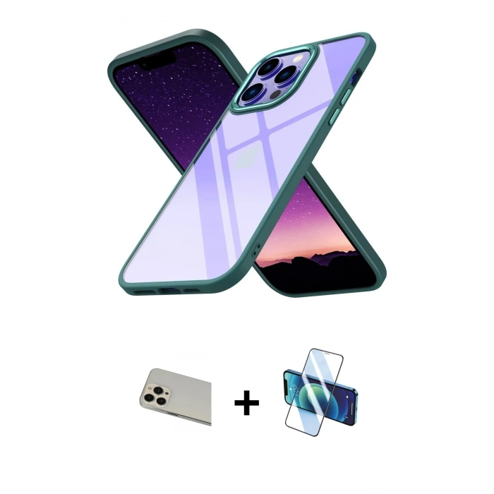 MARSİLYAN™- iPhone 13 Pro Max Kılıf Nova Işık Serisi - Siyah 3D Antistatik Cam Ekran Koruyucu + Rainbow Kamera Lens Koruma Cam - REGD