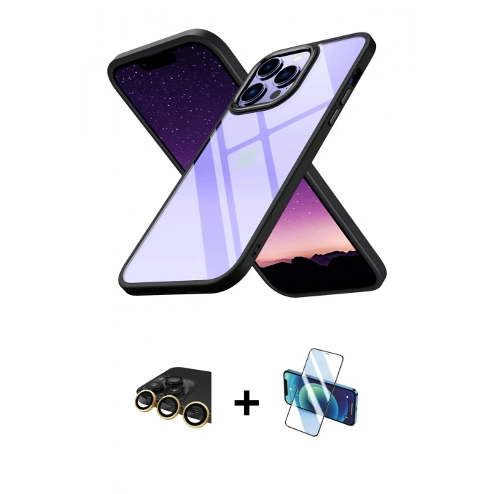 MARSİLYAN™- iPhone 13 Pro Max Kılıf Nova Işık Serisi - Siyah 3D Antistatik Cam Ekran Koruyucu + Raze Metal Kamera Lens - GD