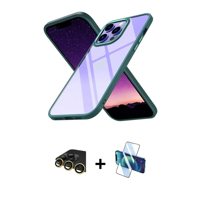 MARSİLYAN™- iPhone 13 Pro Max Kılıf Nova Işık Serisi - Siyah 3D Antistatik Cam Ekran Koruyucu + Raze Metal Kamera Lens - GD