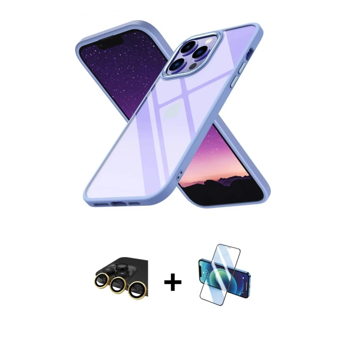 MARSİLYAN™- iPhone 13 Pro Max Kılıf Nova Işık Serisi - Siyah 3D Antistatik Cam Ekran Koruyucu + Raze Metal Kamera Lens - GD