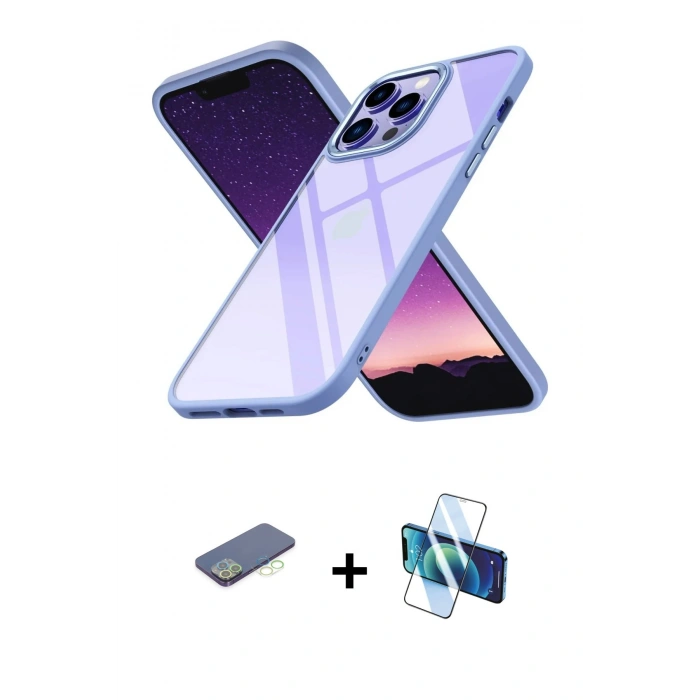 MARSİLYAN™- iPhone 13 Pro Max Kılıf Nova Işık Serisi - Siyah 3D Antistatik Cam Ekran Koruyucu + Renkli Kamera Lens Koruma Cam - YL