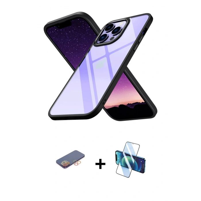 MARSİLYAN™- iPhone 13 Pro Max Kılıf Nova Işık Serisi - Siyah 3D Antistatik Cam Ekran Koruyucu + Renkli Kamera Lens Koruma Cam - TU