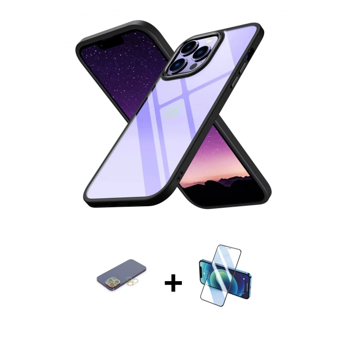 MARSİLYAN™- iPhone 13 Pro Max Kılıf Nova Işık Serisi - Siyah 3D Antistatik Cam Ekran Koruyucu + Renkli Kamera Lens Koruma Cam - SI