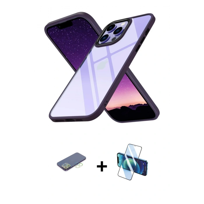 MARSİLYAN™- iPhone 13 Pro Max Kılıf Nova Işık Serisi - Siyah 3D Antistatik Cam Ekran Koruyucu + Renkli Kamera Lens Koruma Cam - YL