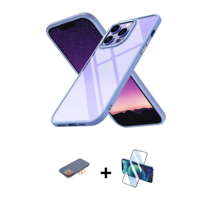 MARSİLYAN™- iPhone 13 Pro Max Kılıf Nova Işık Serisi - Siyah 3D Antistatik Cam Ekran Koruyucu + Renkli Kamera Lens Koruma Cam - TU