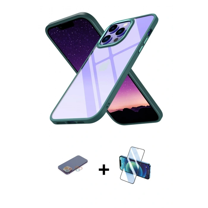 MARSİLYAN™- iPhone 13 Pro Max Kılıf Nova Işık Serisi - Siyah 3D Antistatik Cam Ekran Koruyucu + Renkli Kamera Lens Koruma Cam - PE