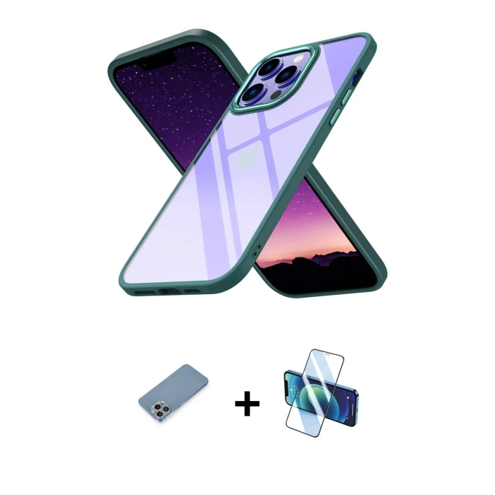 MARSİLYAN™- iPhone 13 Pro Max Kılıf Nova Işık Serisi - Siyah 3D Antistatik Cam Ekran Koruyucu + Shine Kamera Lens Koruma Cam - GI