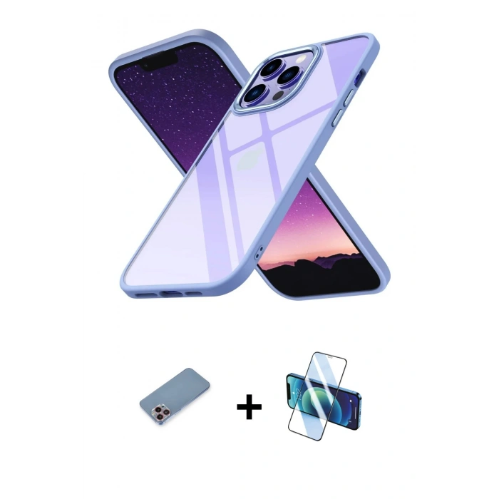 MARSİLYAN™- iPhone 13 Pro Max Kılıf Nova Işık Serisi - Siyah 3D Antistatik Cam Ekran Koruyucu + Shine Kamera Lens Koruma Cam - PE