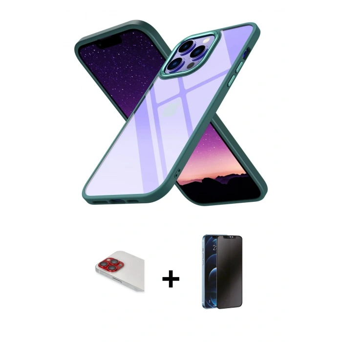 MARSİLYAN™- iPhone 13 Pro Max Kılıf Nova Işık Serisi - Siyah 3D Antistatik Hayalet Cam Ekran Koruyucu + Pers Alüminyum Kamera Lens - KI