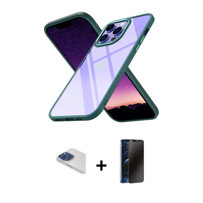 MARSİLYAN™- iPhone 13 Pro Max Kılıf Nova Işık Serisi - Siyah 3D Antistatik Hayalet Cam Ekran Koruyucu + Pers Alüminyum Kamera Lens - LT