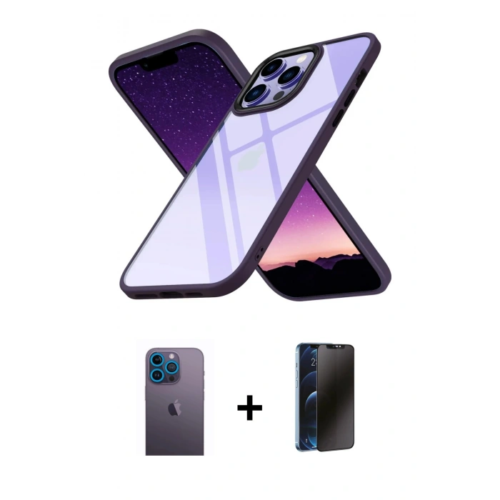 MARSİLYAN™- iPhone 13 Pro Max Kılıf Nova Işık Serisi - Siyah 3D Antistatik Hayalet Cam Ekran Koruyucu + Neon Fosforlu Kamera Lens - MI