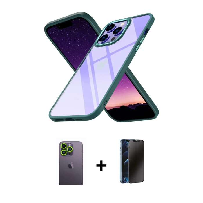 MARSİLYAN™- iPhone 13 Pro Max Kılıf Nova Işık Serisi - Siyah 3D Antistatik Hayalet Cam Ekran Koruyucu + Neon Fosforlu Kamera Lens - YL