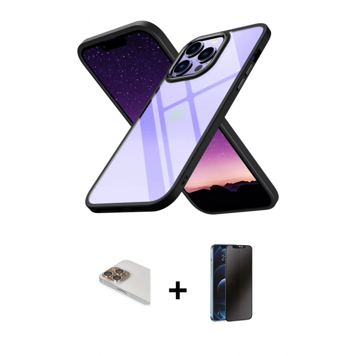 MARSİLYAN™- iPhone 13 Pro Max Kılıf Nova Işık Serisi - Siyah 3D Antistatik Hayalet Cam Ekran Koruyucu + Pers Alüminyum Kamera Lens - GD