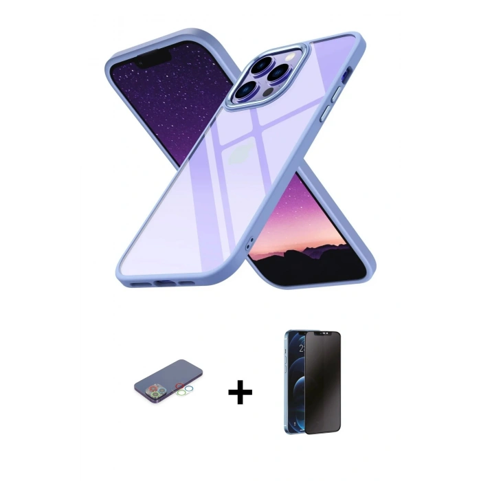 MARSİLYAN™- iPhone 13 Pro Max Kılıf Nova Işık Serisi - Siyah 3D Antistatik Hayalet Cam Ekran Koruyucu + Renkli Kamera Lens Koruma Cam - MI