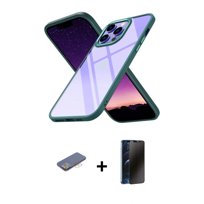 MARSİLYAN™- iPhone 13 Pro Max Kılıf Nova Işık Serisi - Siyah 3D Antistatik Hayalet Cam Ekran Koruyucu + Renkli Kamera Lens Koruma Cam - MI