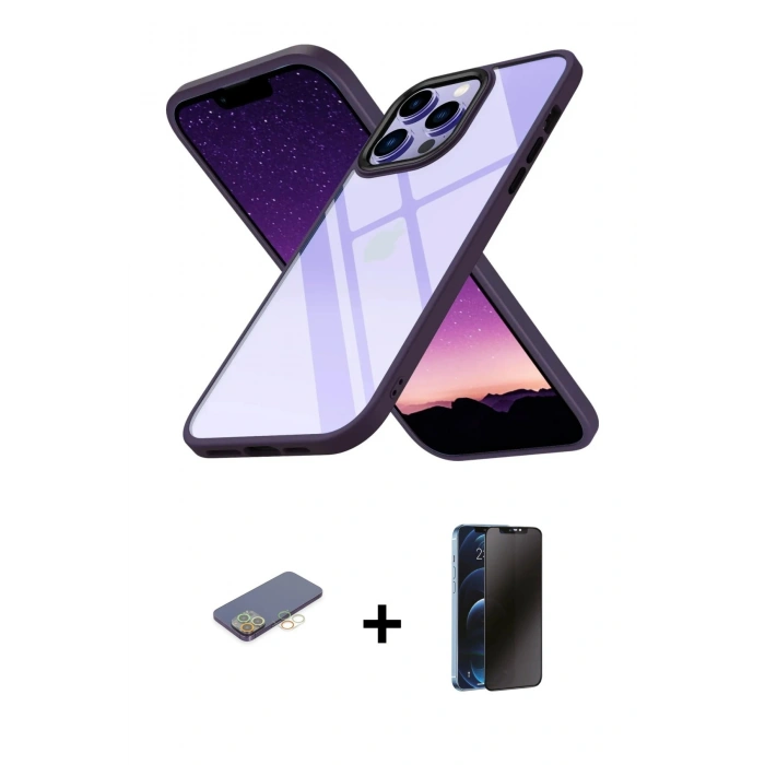 MARSİLYAN™- iPhone 13 Pro Max Kılıf Nova Işık Serisi - Siyah 3D Antistatik Hayalet Cam Ekran Koruyucu + Renkli Kamera Lens Koruma Cam - SI