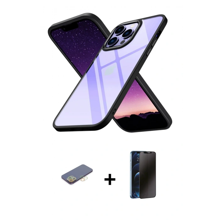MARSİLYAN™- iPhone 13 Pro Max Kılıf Nova Işık Serisi - Siyah 3D Antistatik Hayalet Cam Ekran Koruyucu + Renkli Kamera Lens Koruma Cam - SI