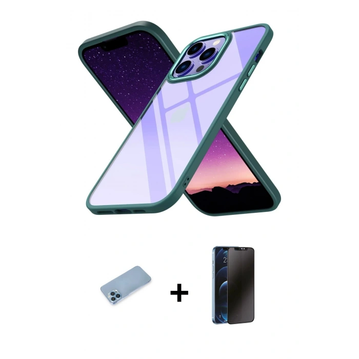 MARSİLYAN™- iPhone 13 Pro Max Kılıf Nova Işık Serisi - Siyah 3D Antistatik Hayalet Cam Ekran Koruyucu + Shine Kamera Lens Koruma Cam - MI
