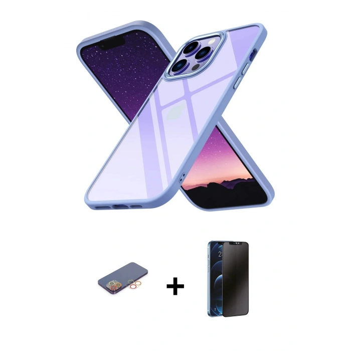 MARSİLYAN™- iPhone 13 Pro Max Kılıf Nova Işık Serisi - Siyah 3D Antistatik Hayalet Cam Ekran Koruyucu + Renkli Kamera Lens Koruma Cam - TU