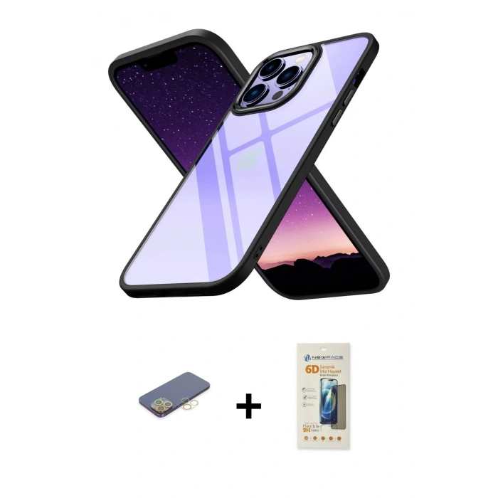 MARSİLYAN™- iPhone 13 Pro Max Kılıf Nova Işık Serisi - Siyah 6D Mat Seramik Hayalet Nano Ekran Koruyucu + Renkli Kamera Lens Koruma Cam - SI
