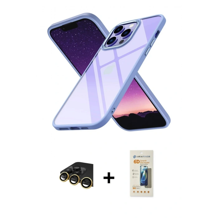 MARSİLYAN™- iPhone 13 Pro Max Kılıf Nova Işık Serisi - Siyah 6D Mat Seramik Hayalet Nano Ekran Koruyucu + Raze Metal Kamera Lens - GD