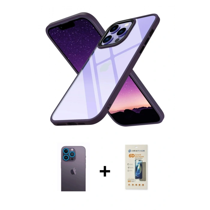 MARSİLYAN™- iPhone 13 Pro Max Kılıf Nova Işık Serisi - Siyah 6D Mat Seramik Hayalet Nano Ekran Koruyucu + Neon Fosforlu Kamera Lens - MI
