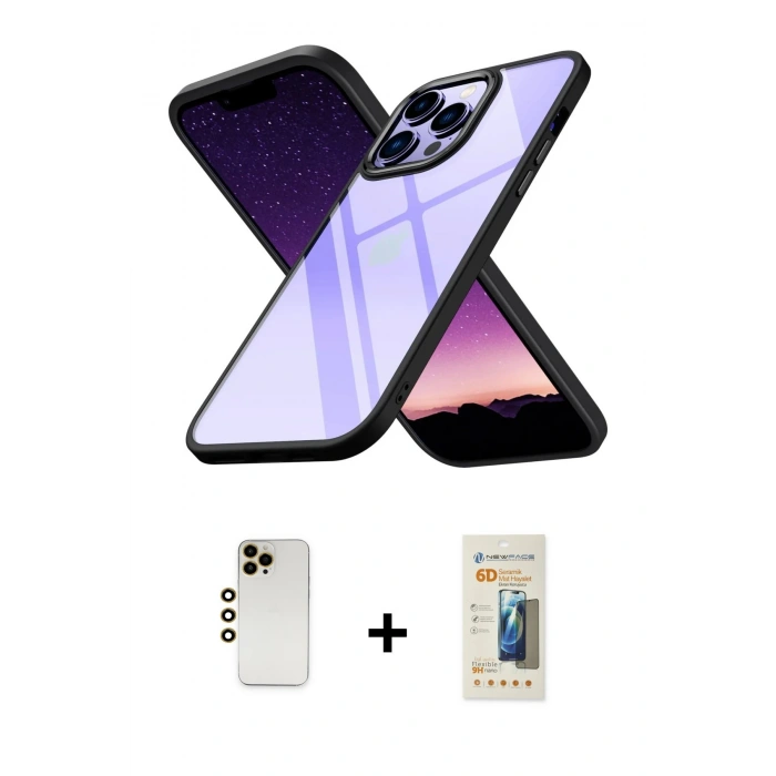 MARSİLYAN™- iPhone 13 Pro Max Kılıf Nova Işık Serisi - Siyah 6D Mat Seramik Hayalet Nano Ekran Koruyucu + Shine Kamera Lens - GD