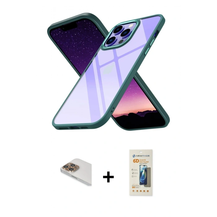 MARSİLYAN™- iPhone 13 Pro Max Kılıf Nova Işık Serisi - Siyah 6D Mat Seramik Hayalet Nano Ekran Koruyucu + Pers Alüminyum Kamera Lens - GD