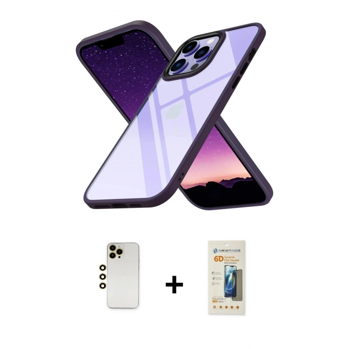 MARSİLYAN™- iPhone 13 Pro Max Kılıf Nova Işık Serisi - Siyah 6D Mat Seramik Hayalet Nano Ekran Koruyucu + Shine Kamera Lens - GD
