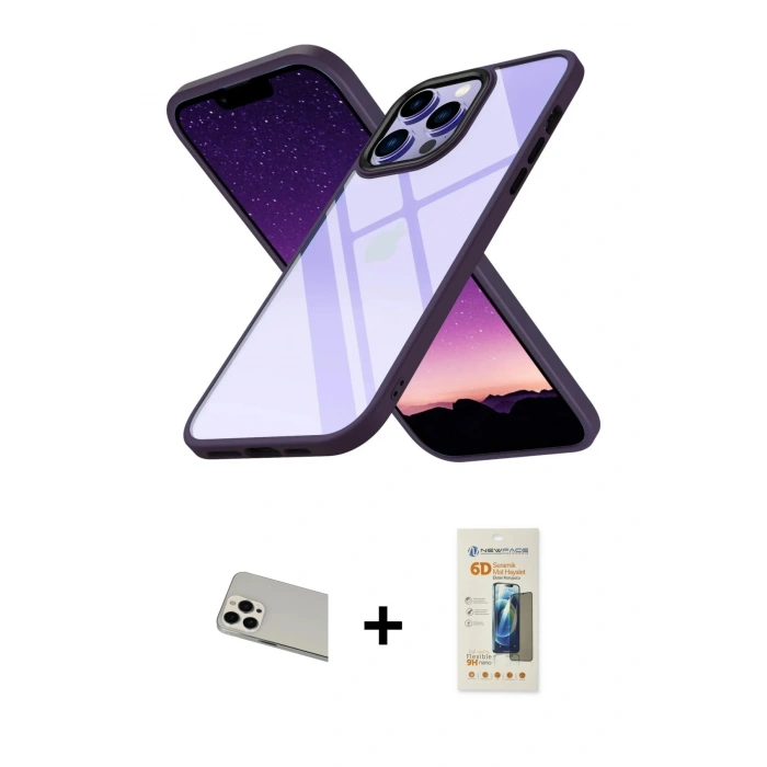 MARSİLYAN™- iPhone 13 Pro Max Kılıf Nova Işık Serisi - Siyah 6D Mat Seramik Hayalet Nano Ekran Koruyucu + Rainbow Kamera Lens Koruma Cam - BZ