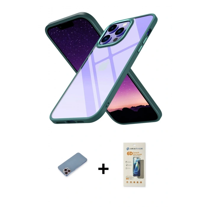 MARSİLYAN™- iPhone 13 Pro Max Kılıf Nova Işık Serisi - Siyah 6D Mat Seramik Hayalet Nano Ekran Koruyucu + Shine Kamera Lens Koruma Cam - PE