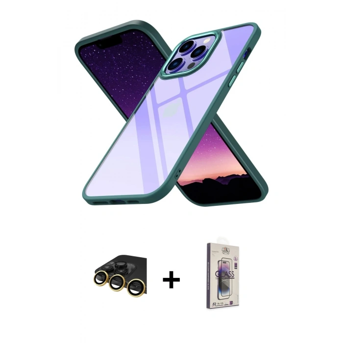 MARSİLYAN™- iPhone 13 Pro Max Kılıf Nova Işık Serisi - Siyah Bilvis 3D Cam Ekran Koruyucu + Raze Metal Kamera Lens - GD