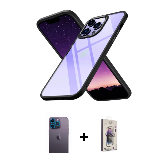 MARSİLYAN™- iPhone 13 Pro Max Kılıf Nova Işık Serisi - Siyah Bilvis 3D Cam Ekran Koruyucu + Neon Fosforlu Kamera Lens - MI