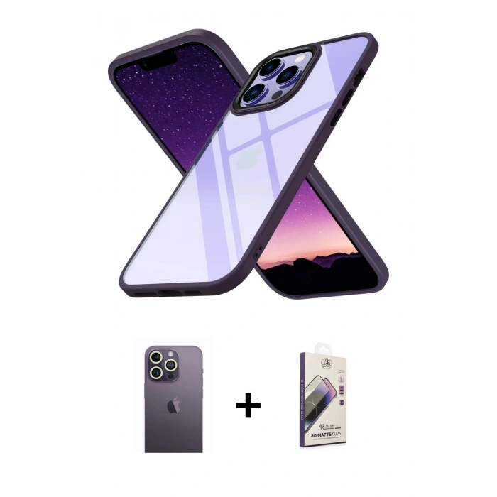 MARSİLYAN™- iPhone 13 Pro Max Kılıf Nova Işık Serisi - Siyah Bilvis 3D Mat Cam Ekran Koruyucu + Neon Fosforlu Kamera Lens - BZ